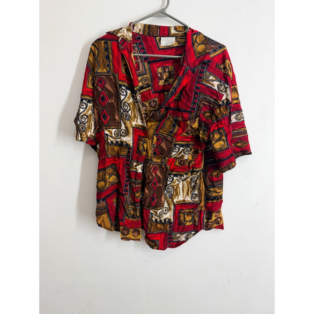 Bobbie Brooks Vintage 90s Geometric Abstract Button Down Shirt Red Gold USA Made